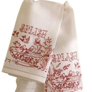 Pottery Barn Set 2 White Linen Embroidered Birds Splish Splash  Dish Towels